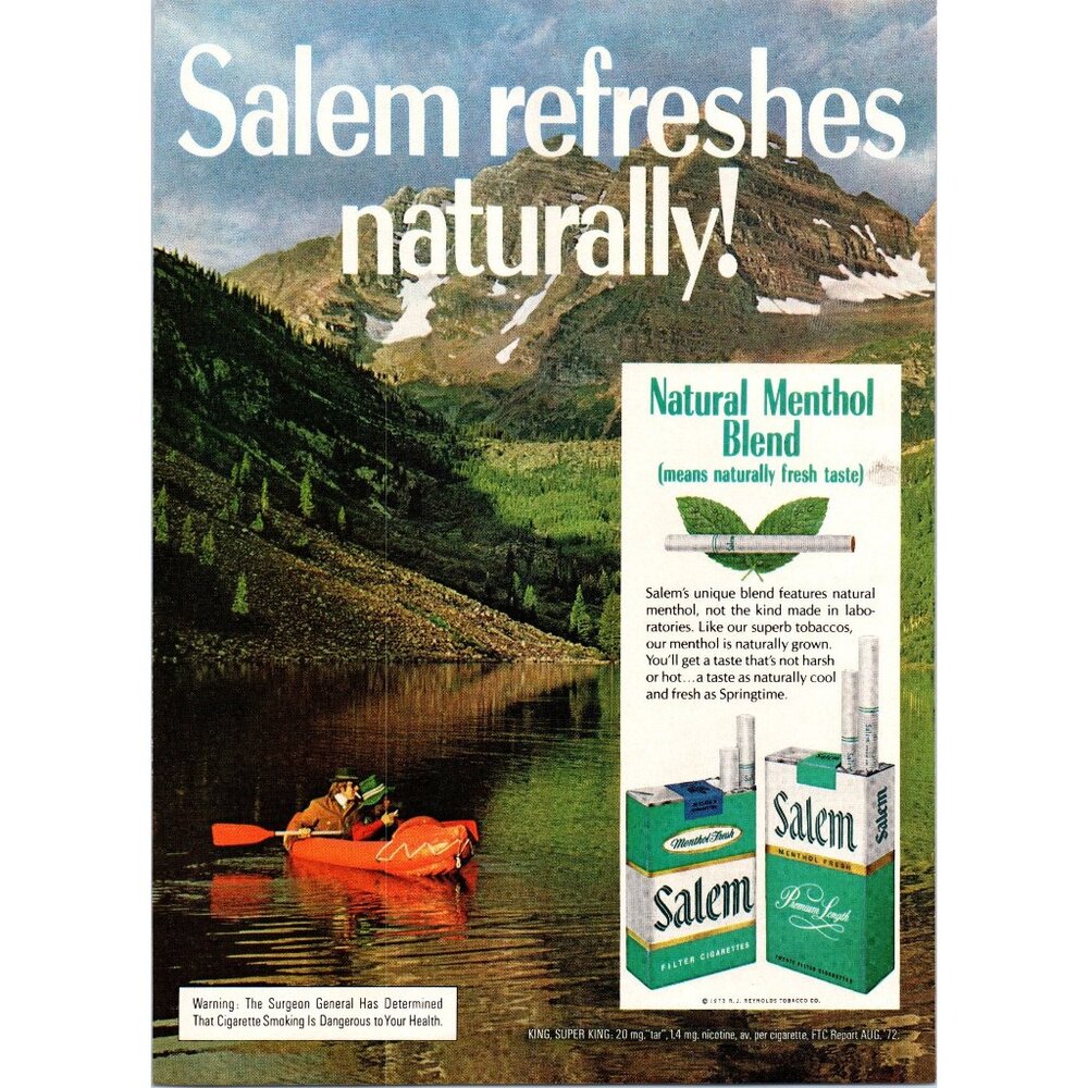 1973 Salem Menthol Cigarettes Vintage Print Ad Mountains Lake Canoe Wall Art